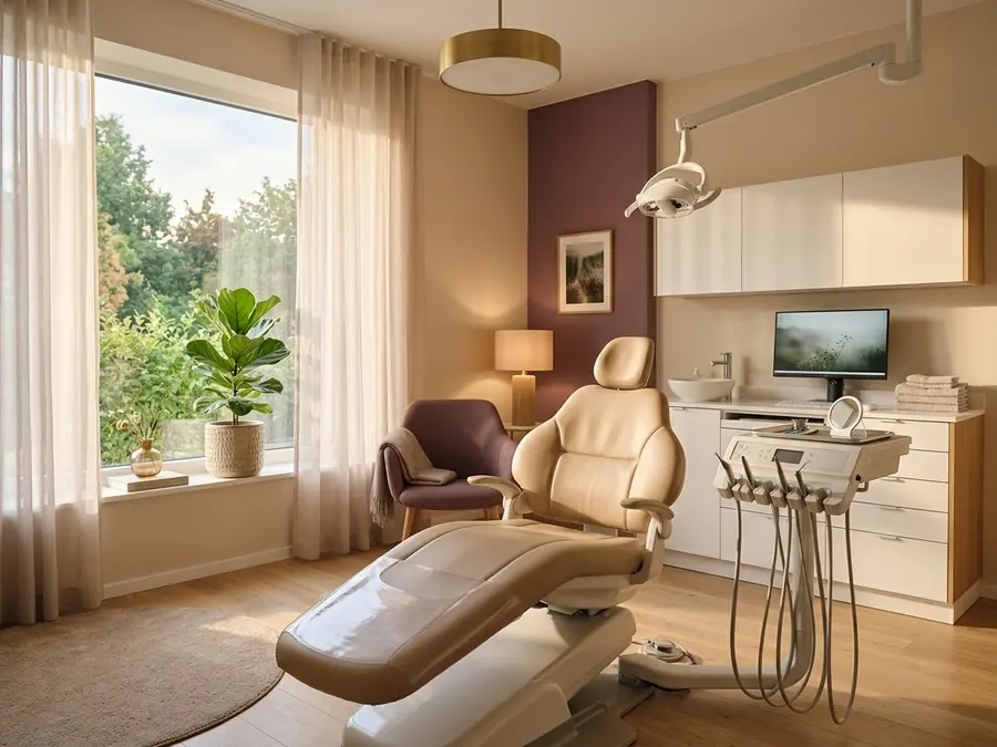 A calm, softly lit dental treatment room.