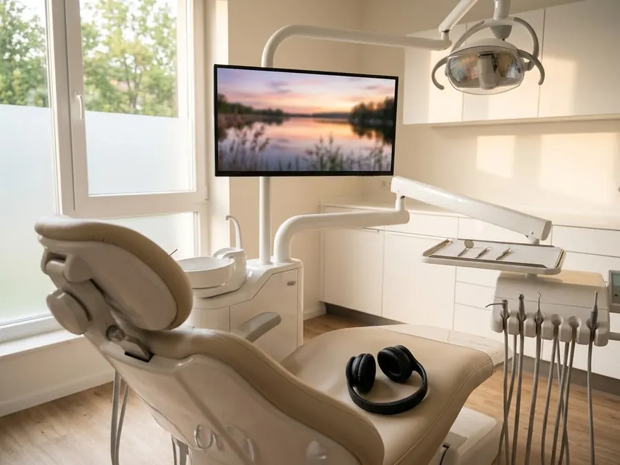 A flat screen mounted above a dental chair.