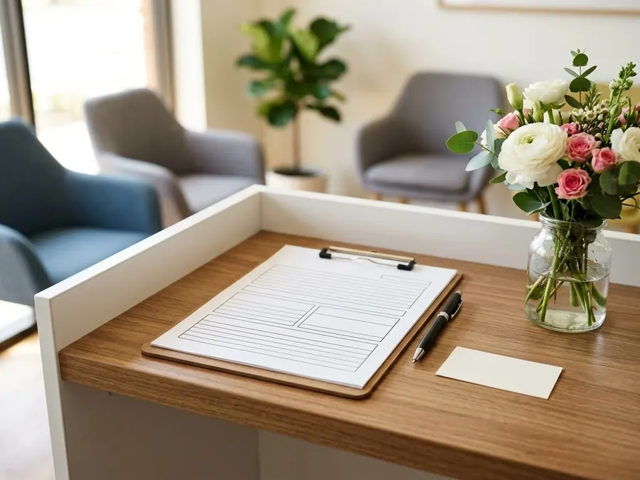 New patient paperwork on a clipboard at a dental reception desk.