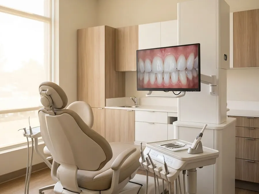 A modern dental treatment room with a monitor for showing intraoral images.